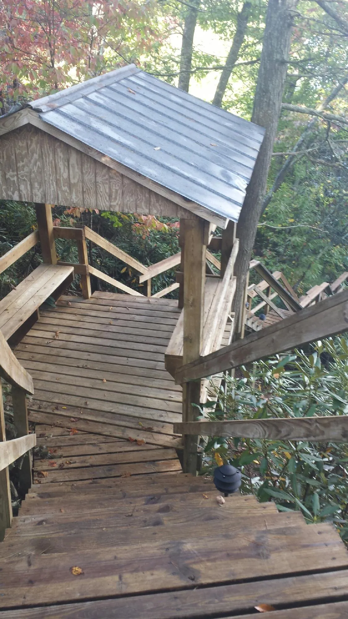 Metal roofed shelter over wooden steps on a wooded walkway — Skylight Repair & Installation work by our crew in North Bay